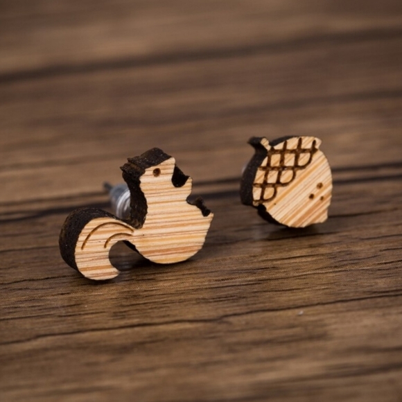 "Nuts About Fall" Handmade Wood Stud Earrings - Picture 1 of 4